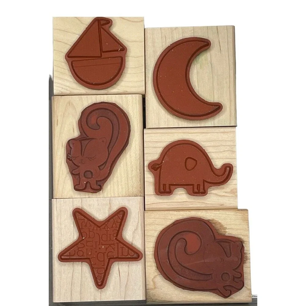 Stampin Up 2006 Rubber Stamps Wood Star, Skunk, Elephant, Moon  Lot of 6